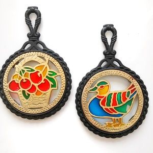 True Vintage🍒50s/60s Cast Iron Glass Mosaic Trivets/Decor!